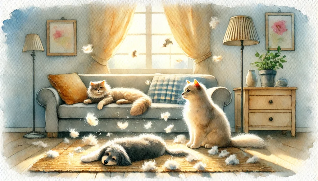 A soft watercolor painting of a cozy living room where a fluffy cat and a playful dog are shedding fur.