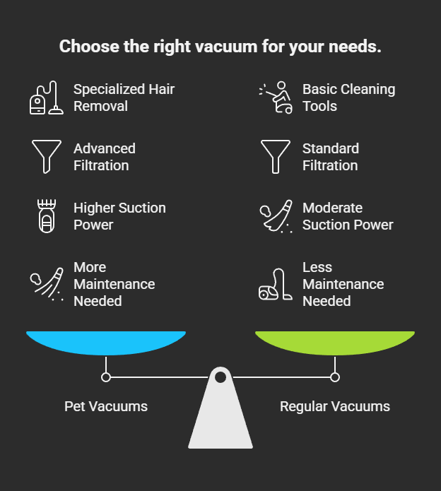 A table that shows the difference between pet vacuums and regular vacuums
