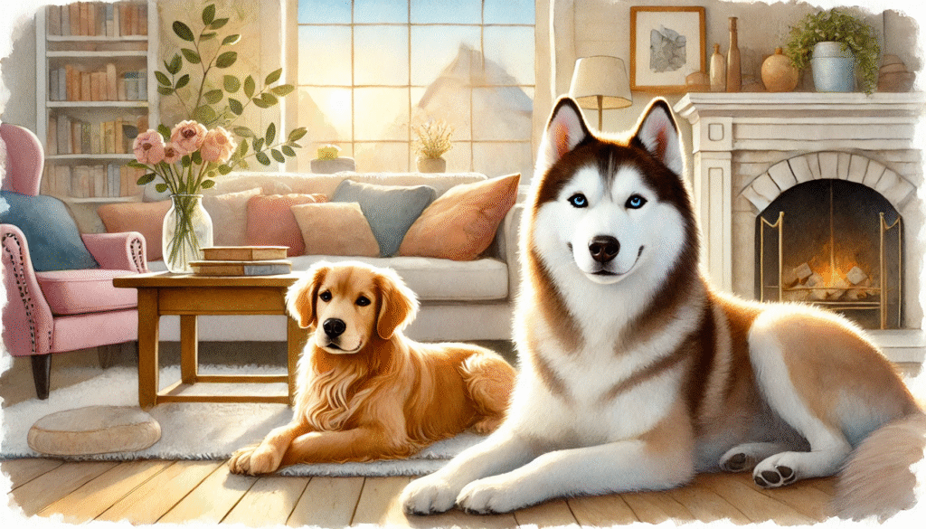 A cozy watercolor painting depicting a Siberian Husky and a Golden Retriever lounging together in a warm, inviting living room. 