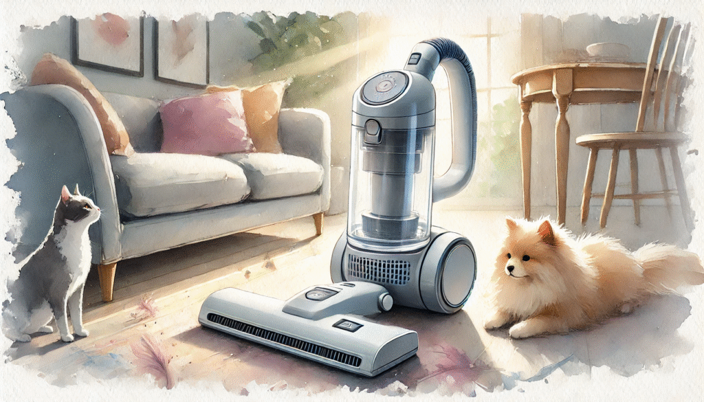 A delicate watercolor painting of a sleek cordless vacuum designed for pets, shown in a cozy living room setting.