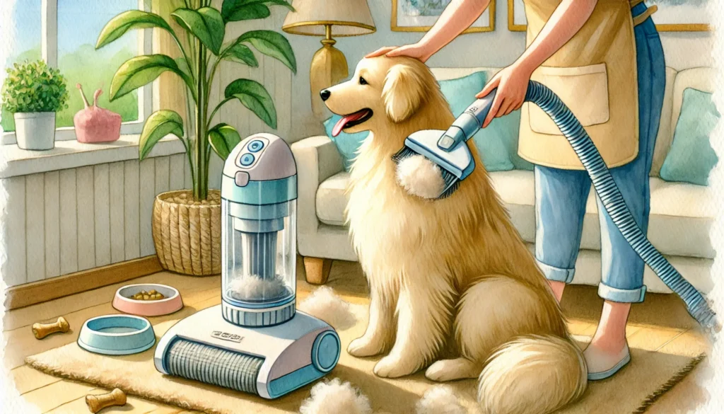 A whimsical watercolor painting of a dog grooming vacuum in use, with a fluffy golden retriever being gently brushed and cleaned.