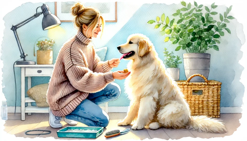 A heartwarming watercolor painting of a person rewarding a fluffy golden retriever after being gently brushed and cleaned. 