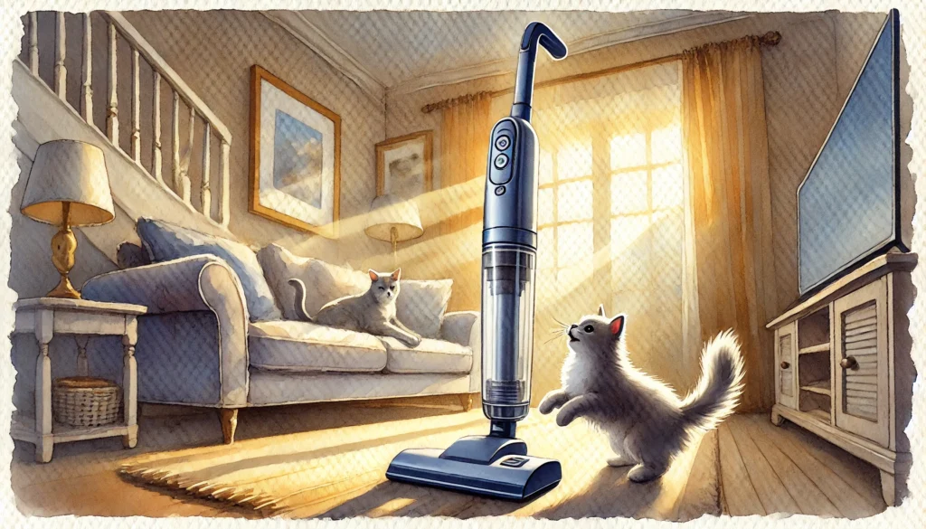 A cozy living room scene in watercolor style. A sleek, modern cordless stick vacuum stands upright in the center, clearly without any cord, painted with soft washes of blue and gray.