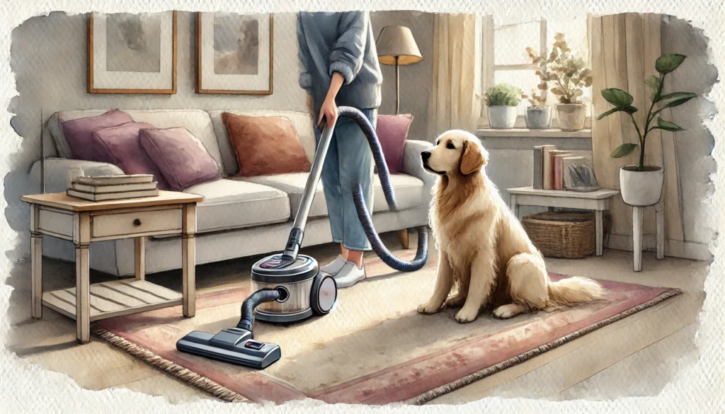 A cozy living room scene painted in watercolor style. A person is using a sleek cordless vacuum cleaner on a soft rug while a golden retriever sits nearby, watching with curiosity.